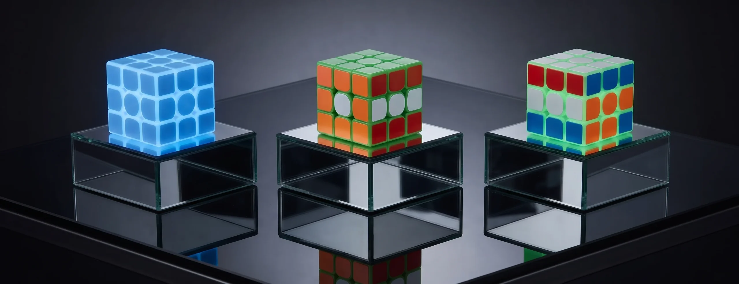 Display of luminous glow in the dark rubiks cube 3x3 puzzles arranged as executive promotional gifts at a trade show booth