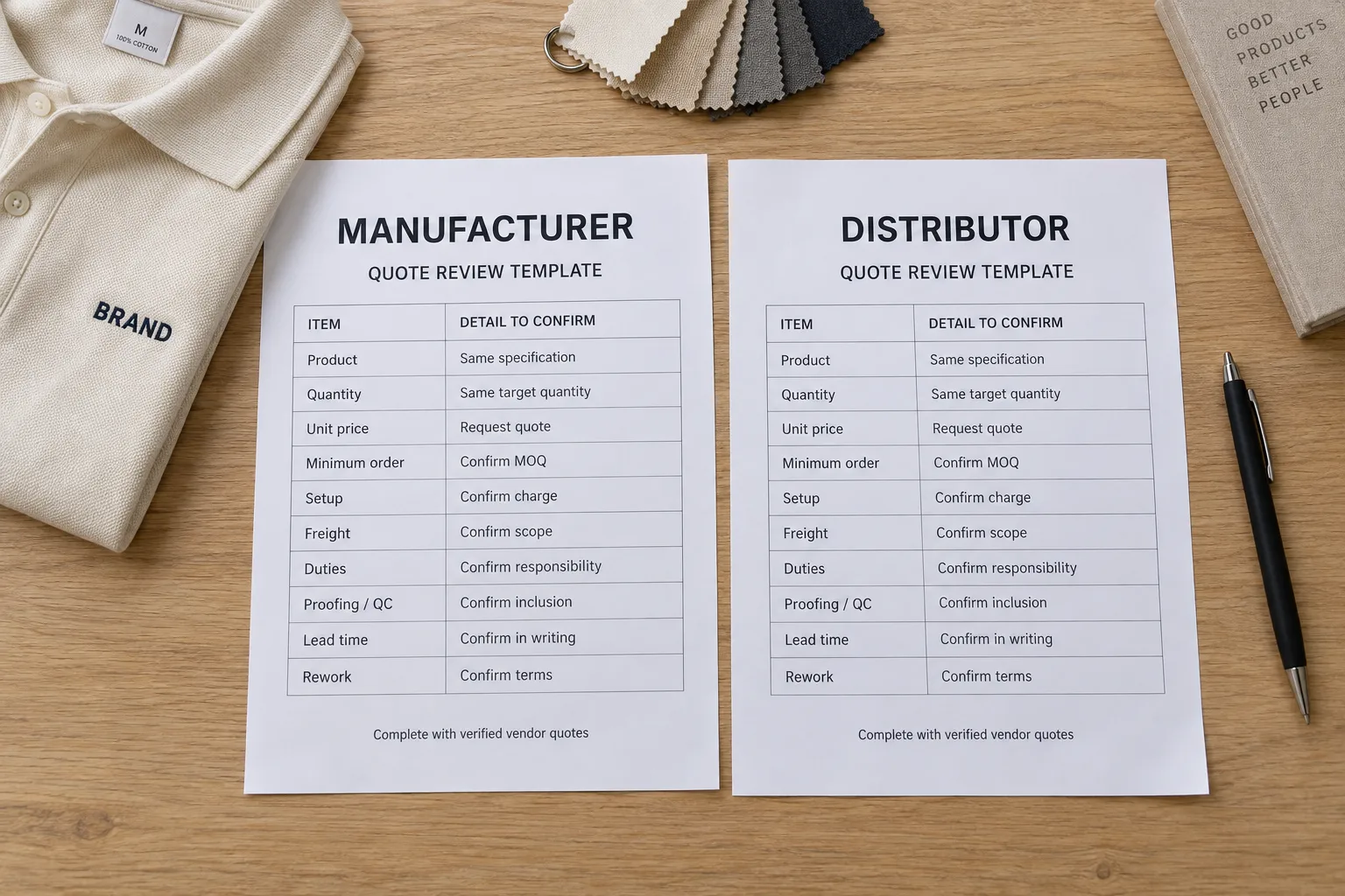 Manufacturer and distributor quote-review templates side by side with matching cost and service comparison fields.
