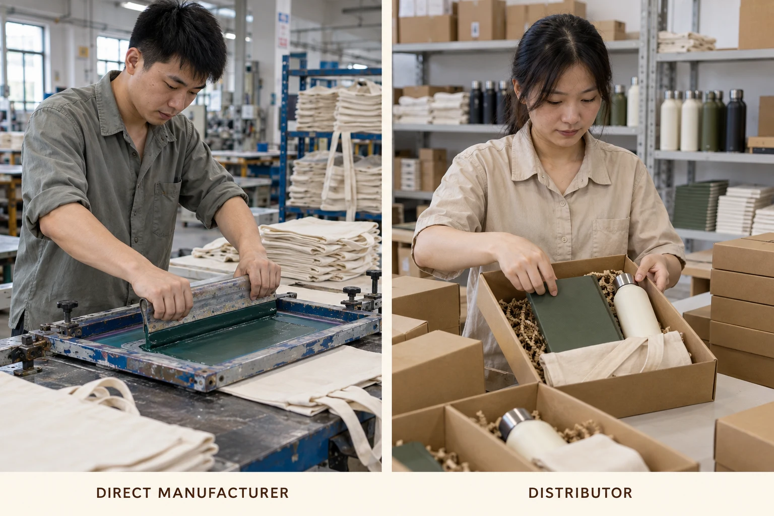 Direct manufacturer screen-printing tote bags alongside a distributor packing corporate gift sets.