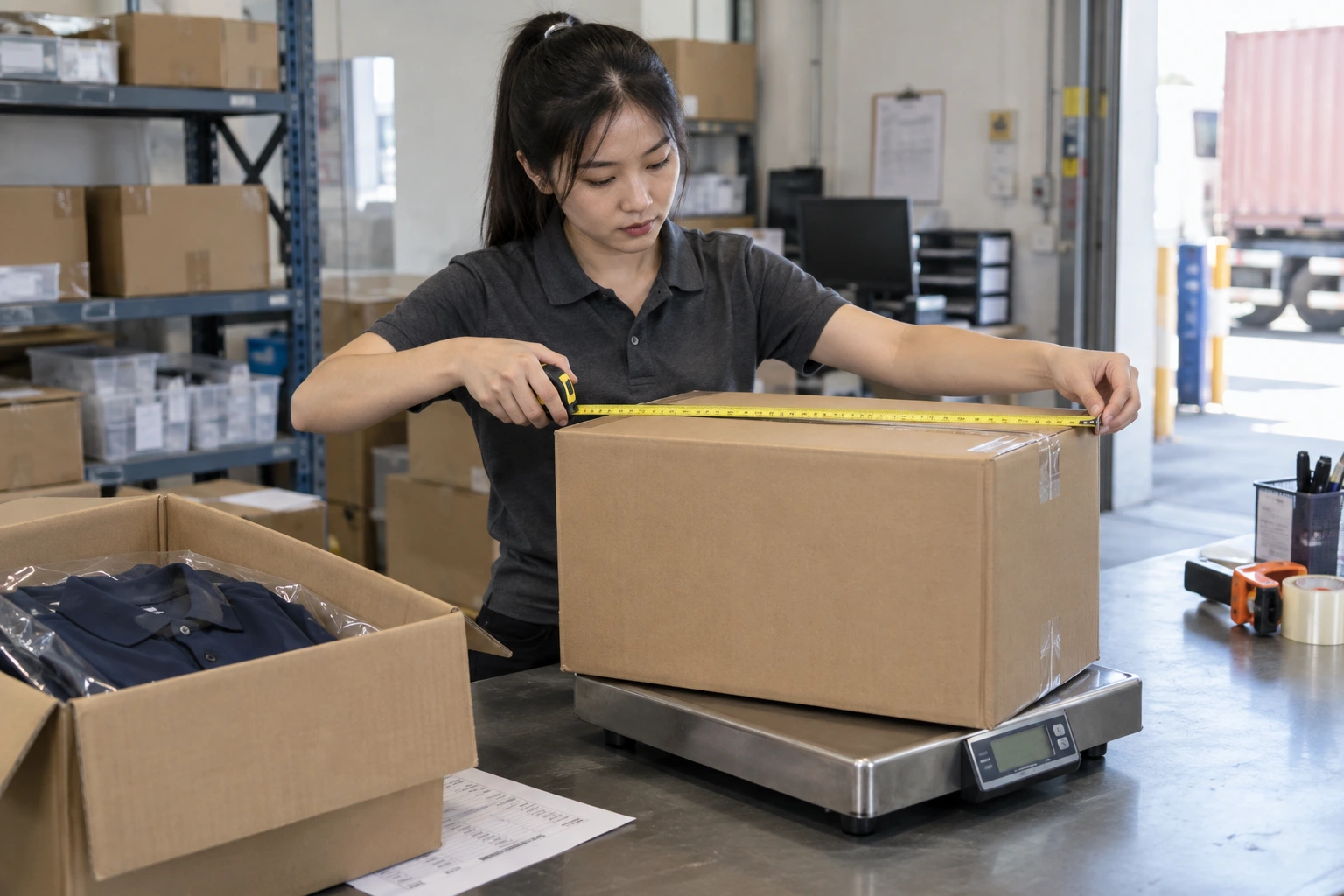 Worker measuring a carton on a parcel scale beside a box of packaged polo shirts.