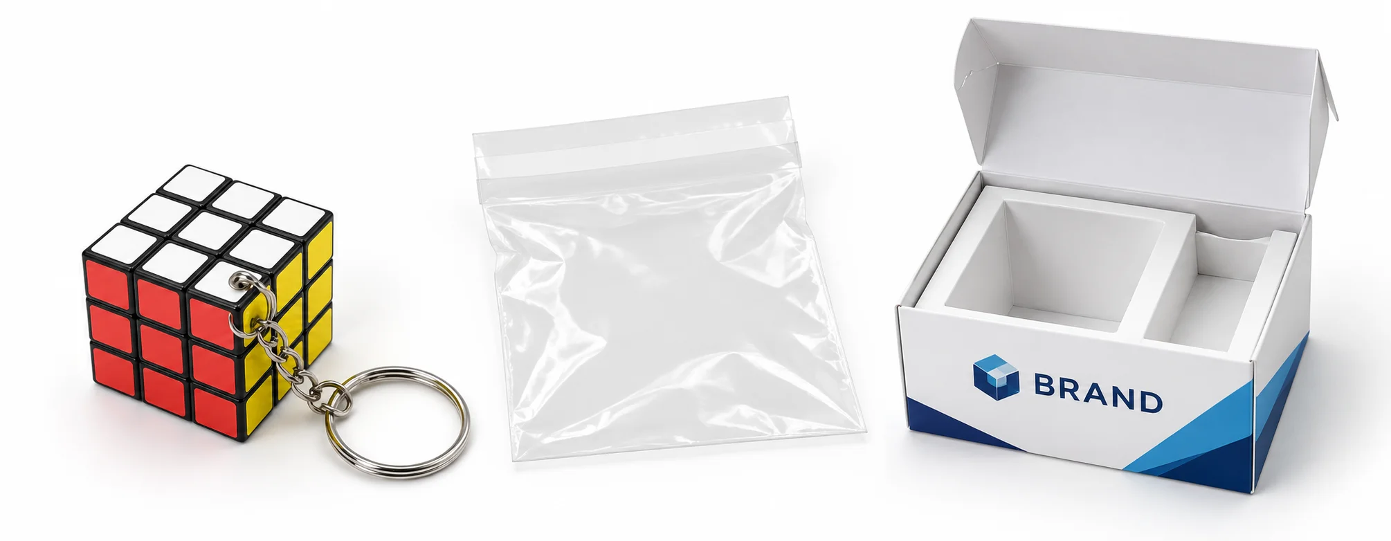 Custom mini rubiks cube keychain displayed with individual retail presentation packaging options 