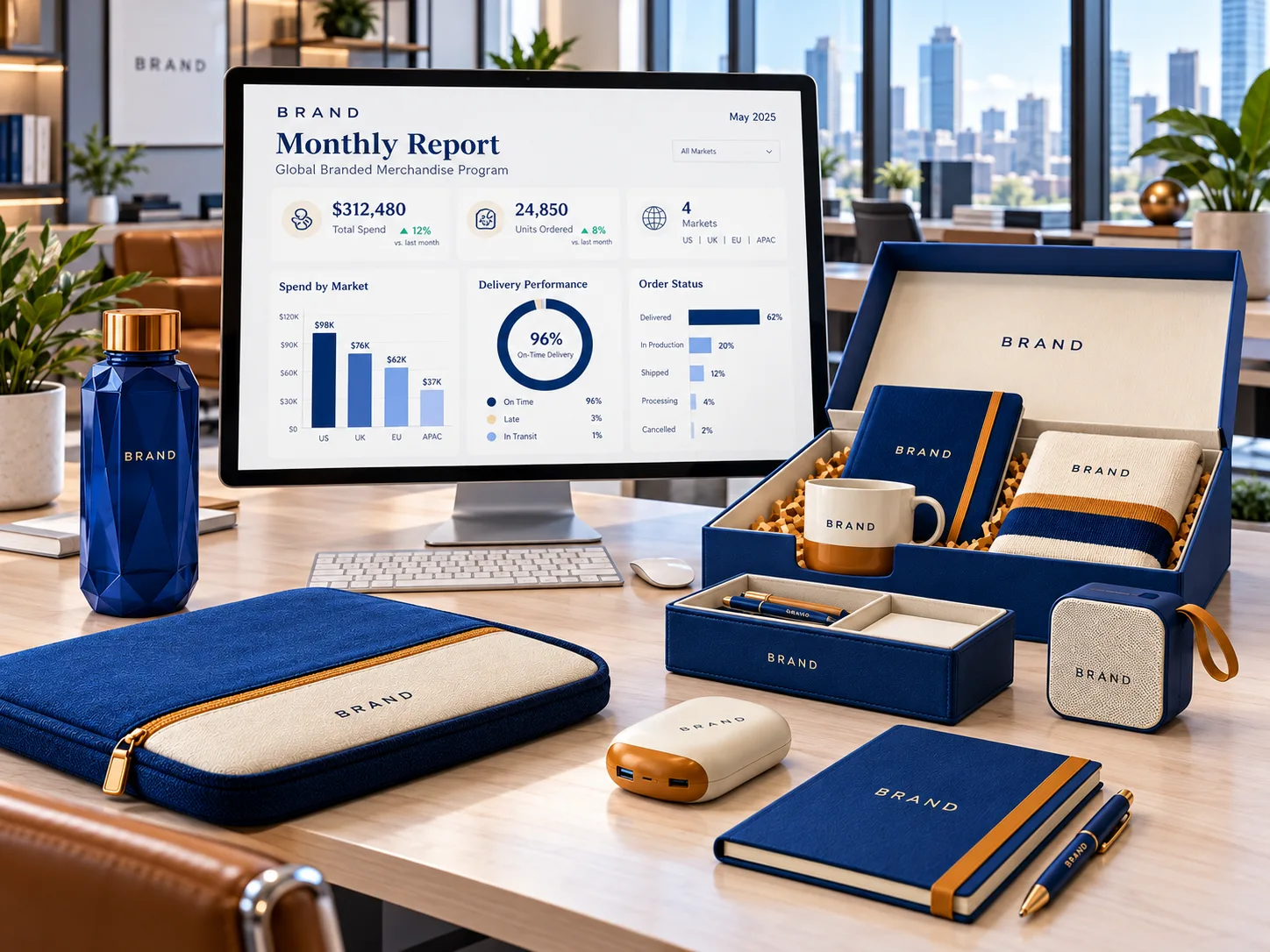 Monthly report dashboard for branded merchandise program