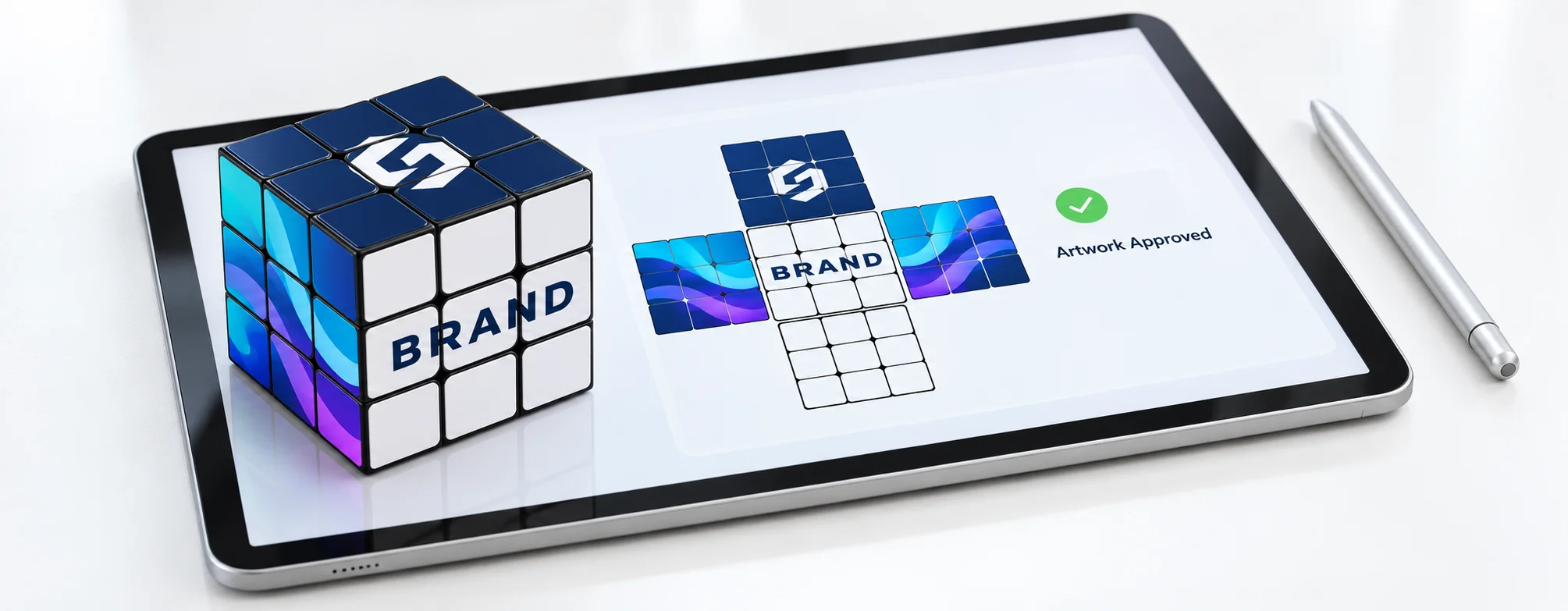 Custom promotional 3x3 rubiks cube resting on a digital tablet showing a finalized artwork proof for corporate ordering 