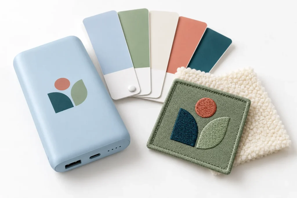Pantone color references compared with printed and embroidered promotional product samples