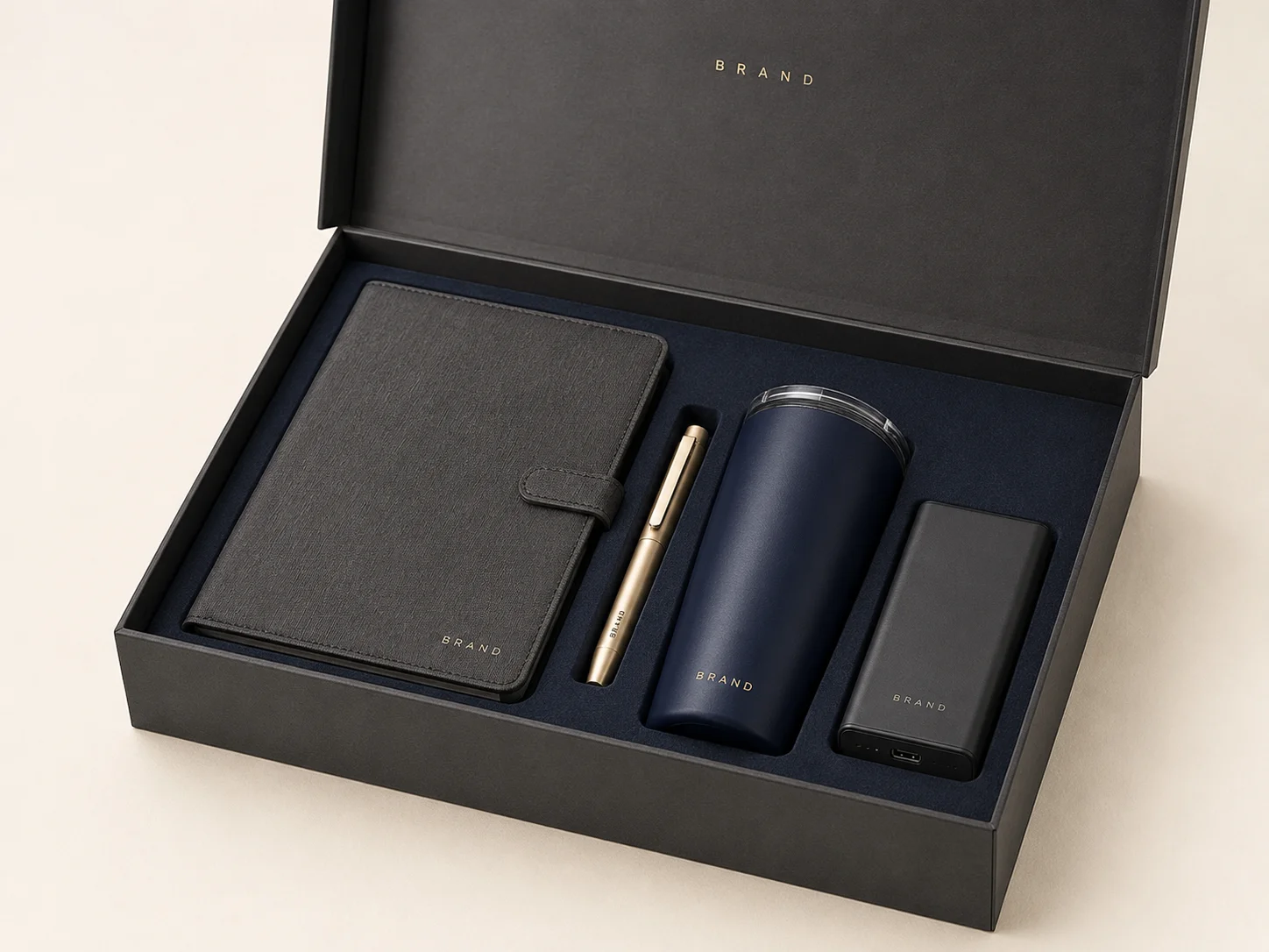 Premium corporate gift set with refined branded products and presentation packaging