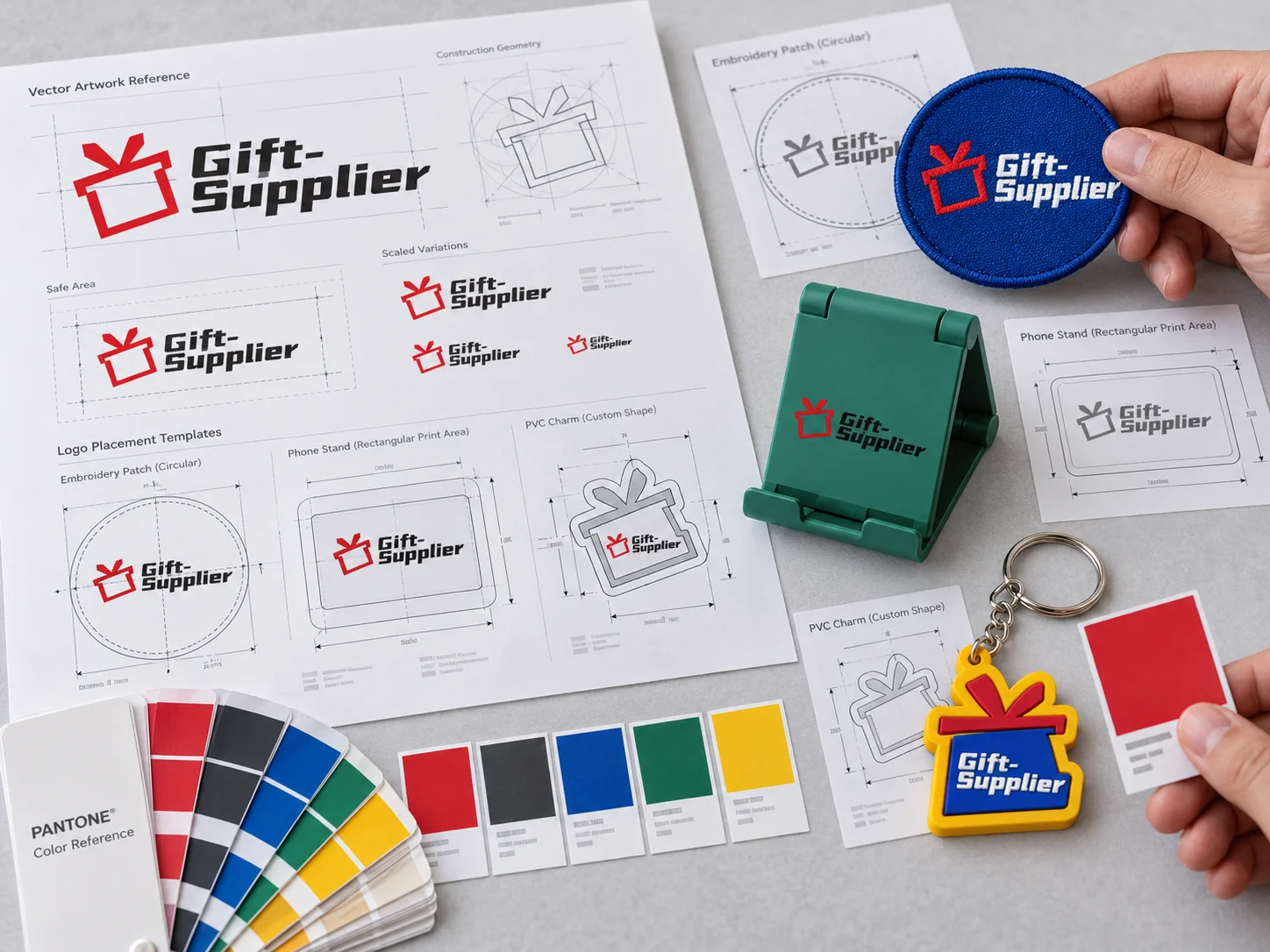 Logo artwork, Pantone colors and placement references for promotional product customization