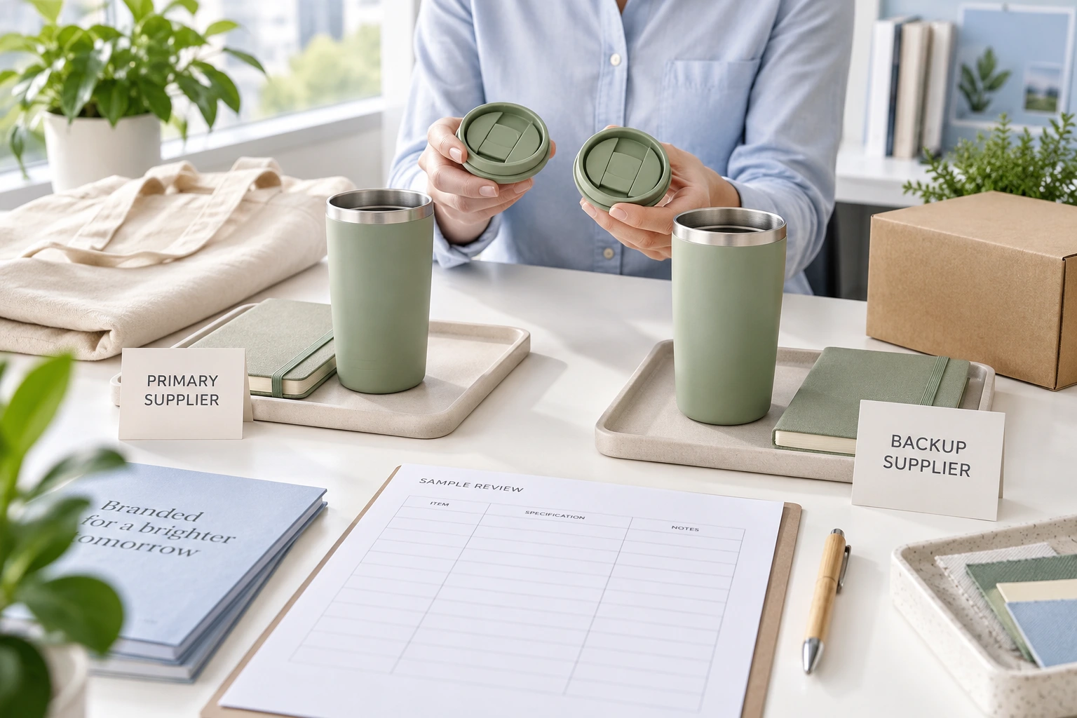 Professional comparing sage tumblers beside gift trays labeled Primary Supplier and Backup Supplier.