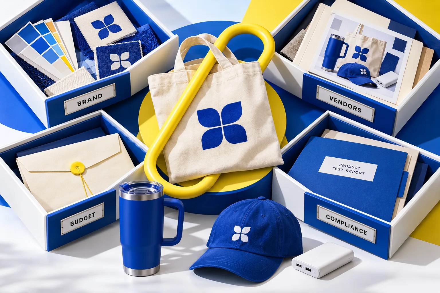 Four white storage boxes labeled Brand, Vendors, Budget, and Compliance surrounding branded corporate merchandise and an arch sculpture.