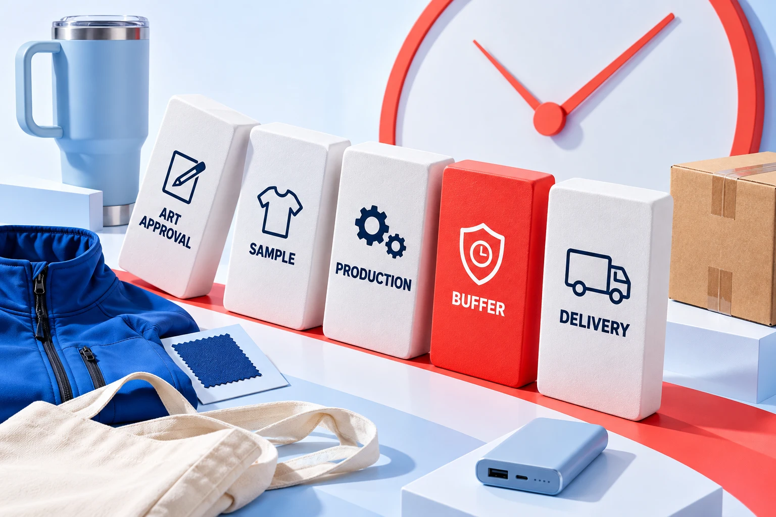 Row of standing blocks representing process steps Art Approval, Sample, Production, Buffer (highlighted in red with a shield icon), and Delivery leading to a cardboard box in front of a clock graphic.