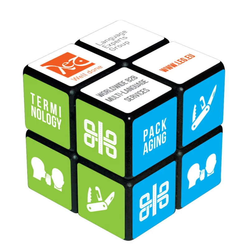 Fully assembled promotional 2x2 puzzle cube shown in an upright position.