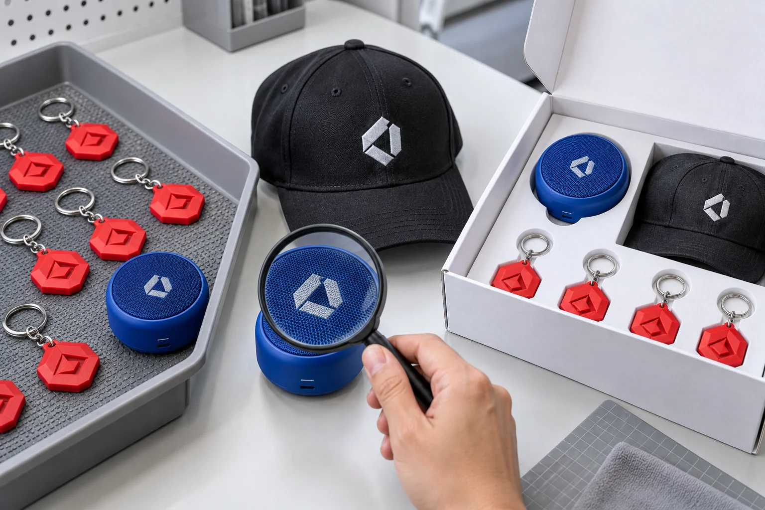 Branding and packaging quality review for PVC keychains, a promotional speaker, cap and gift box