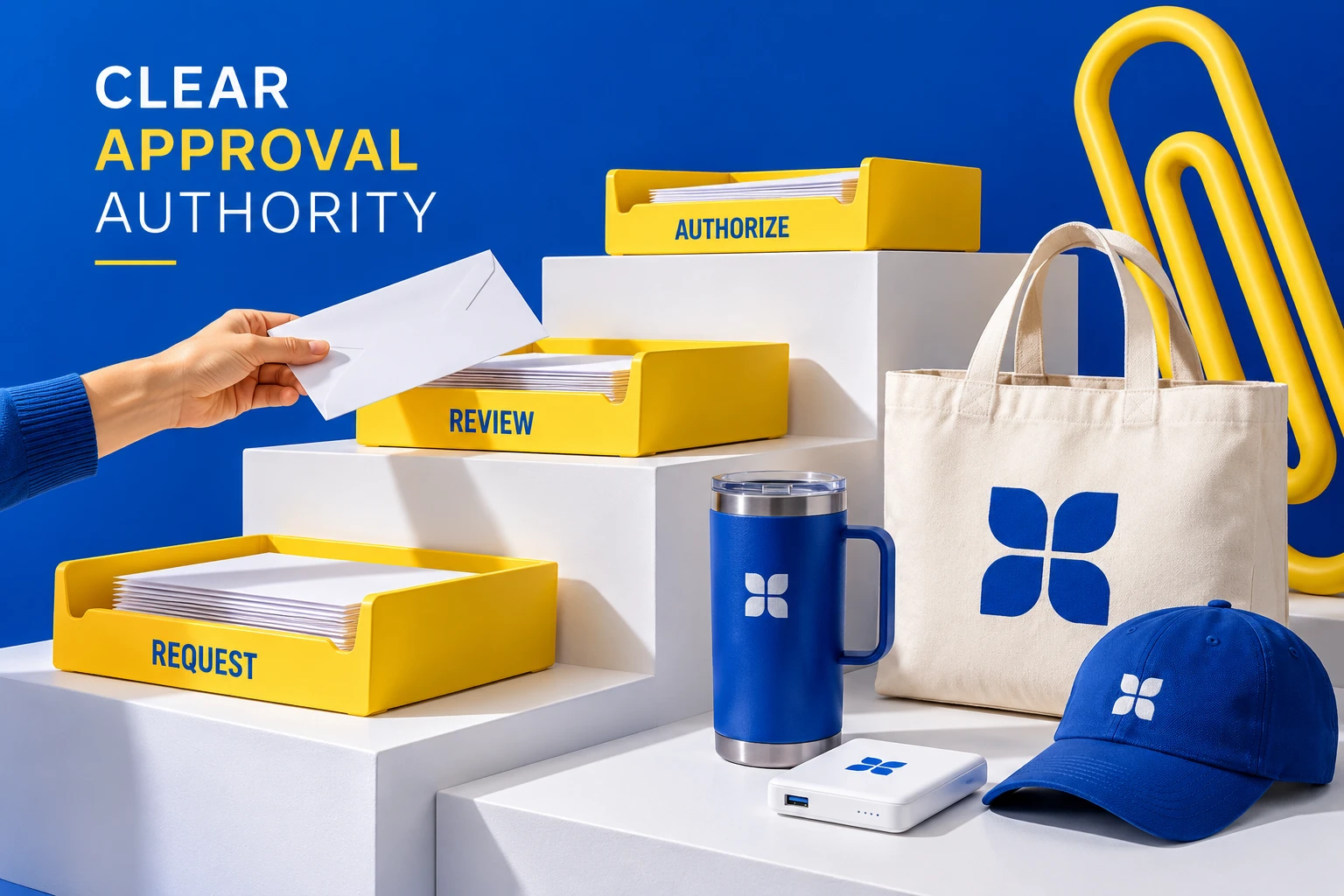 A hand placing a white envelope into yellow document trays labeled Request, Review, and Authorize under text reading Clear Approval Authority.