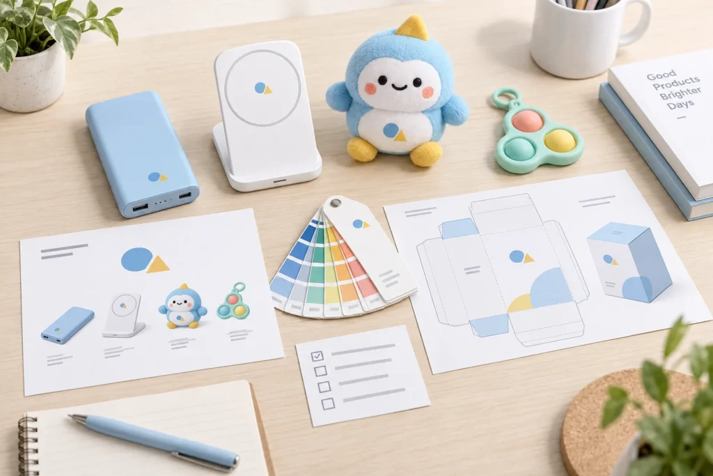 Promotional product customization checklist with samples, artwork, color references and packaging dieline