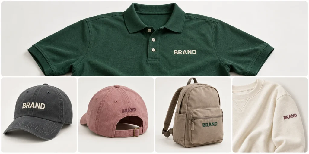 BRAND embroidery placement examples on a polo shirt, caps, backpack and sweatshirt sleeve