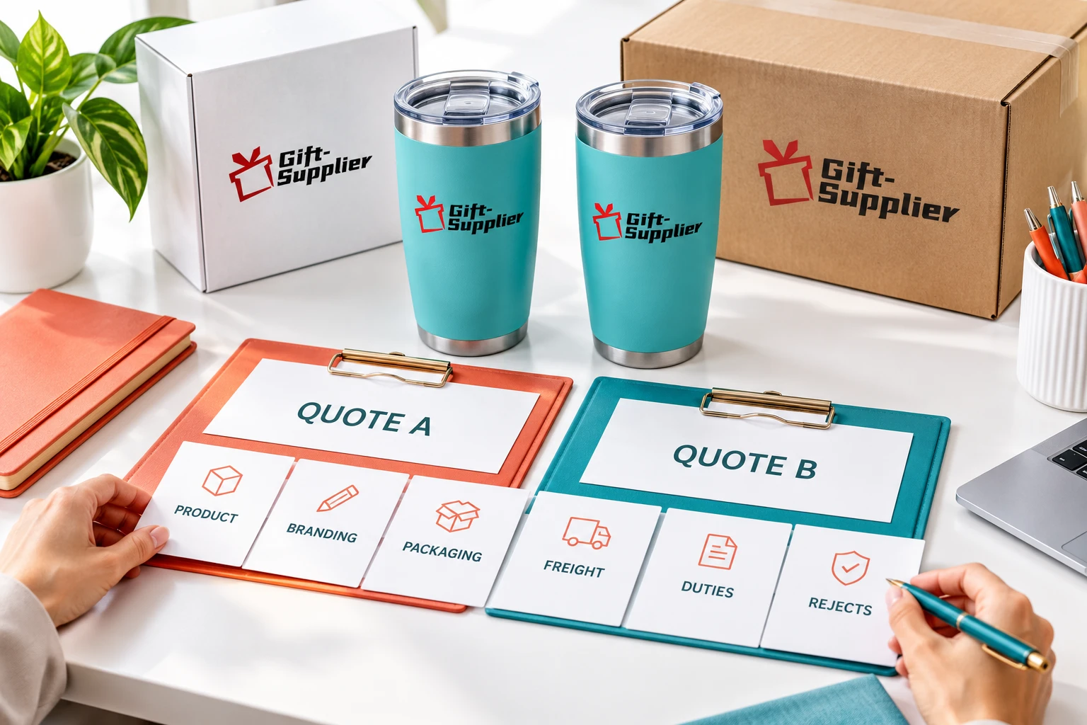 Comparing total cost between two promotional product quotes for the same item
