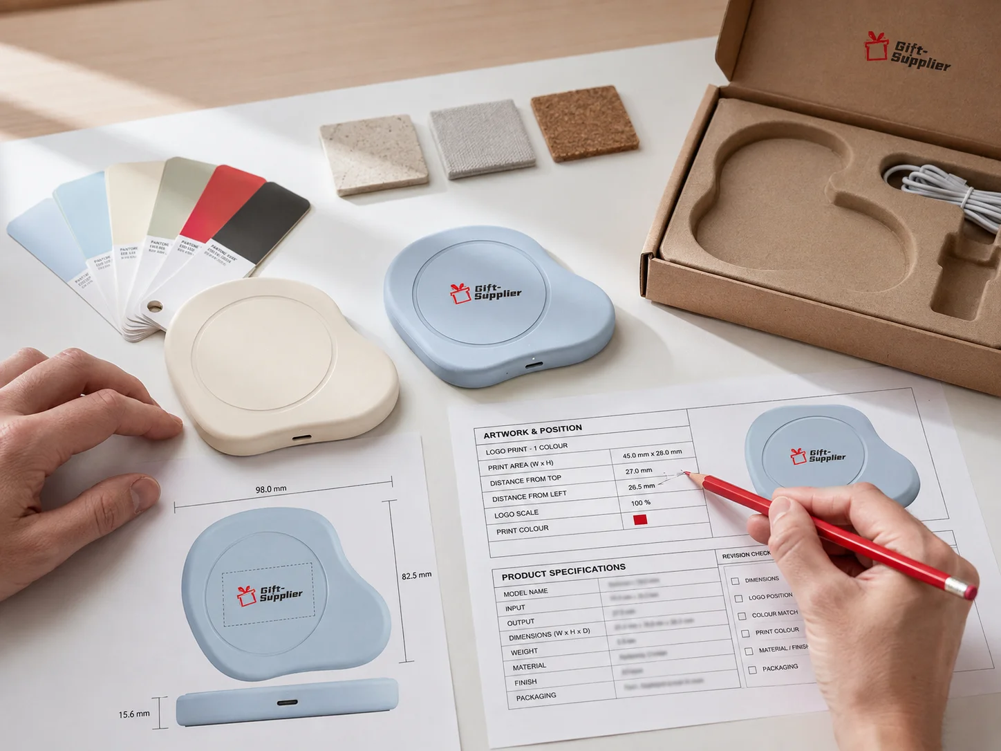 Promotional product sample, artwork and specifications reviewed before production.