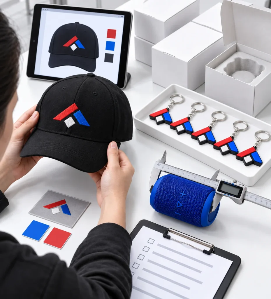 Promotional products undergoing sample, branding, dimensional and packaging quality checks
