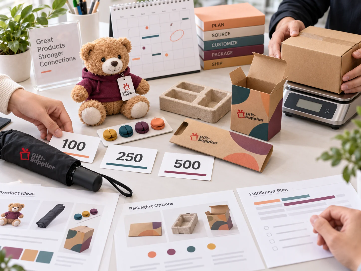 Promotional product quantity, budget, packaging and delivery planning workspace