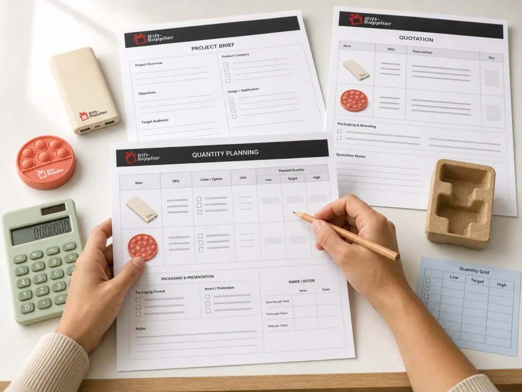 Promotional product samples with project brief and quotation-planning documents.