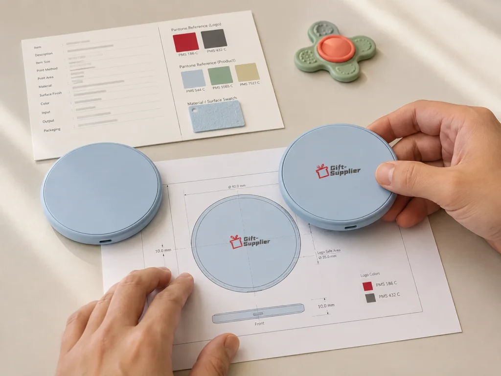 Promotional product samples reviewed before bulk production.