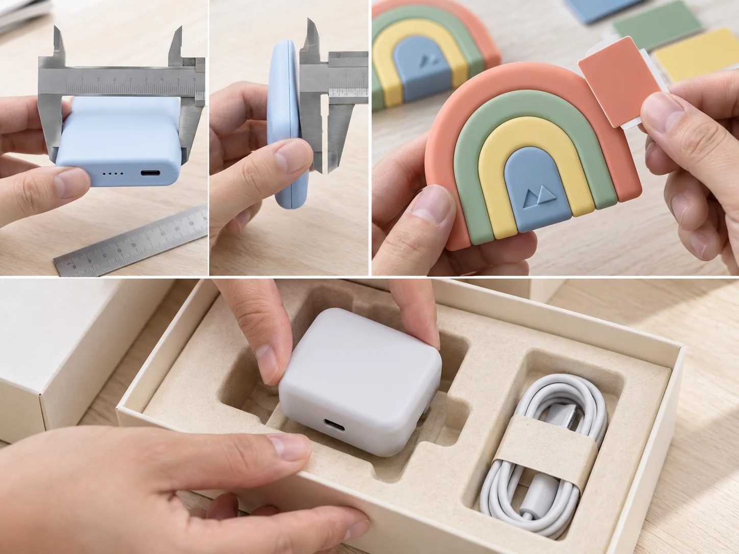 Promotional product sample review showing dimensions, branding detail, material finish and packaging fit