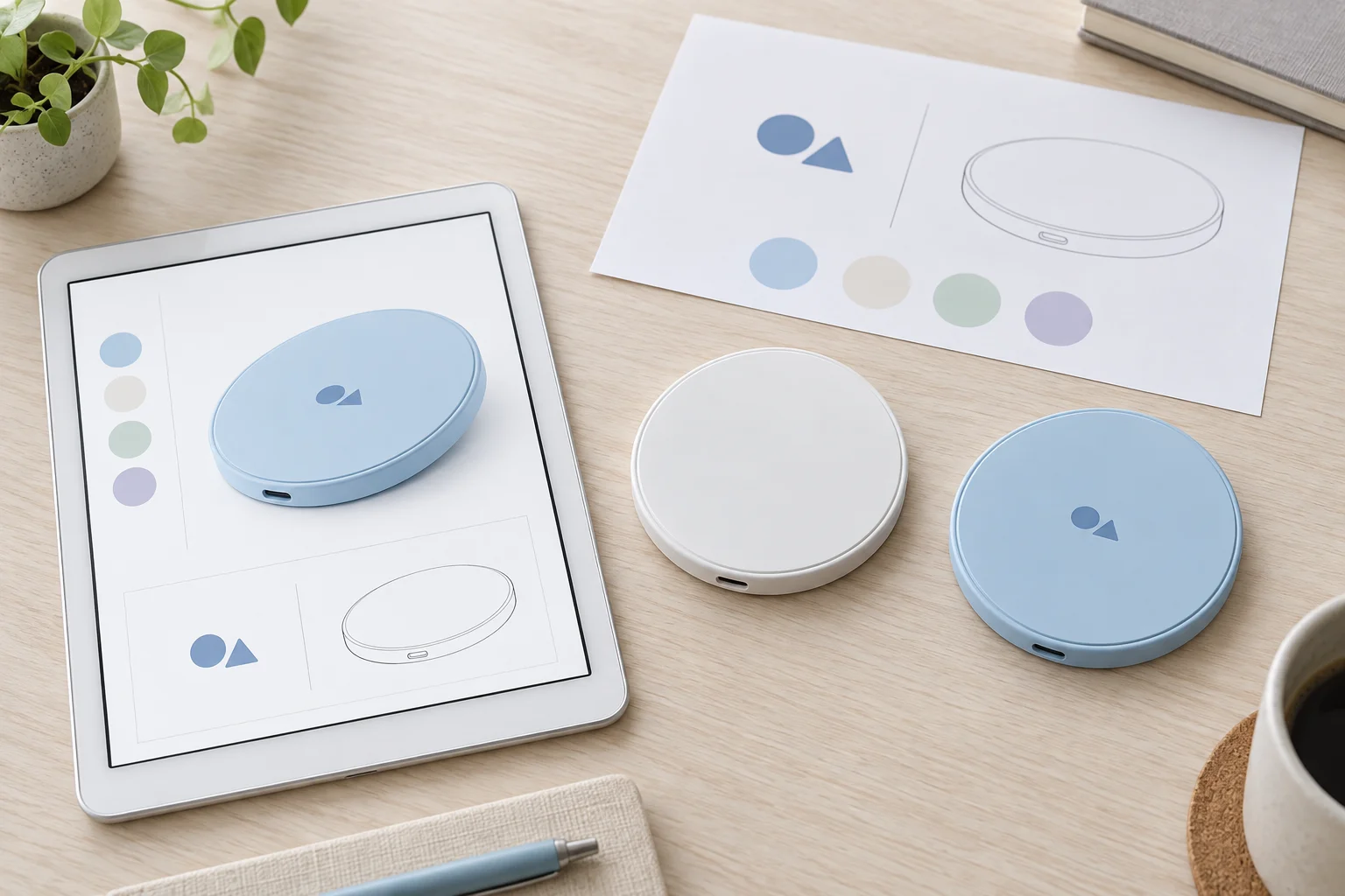 Digital mockup, existing sample and customized promotional product sample compared for approval