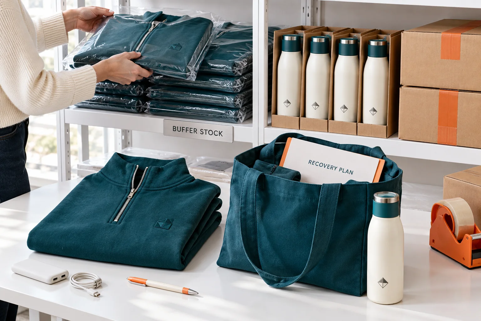 A person organizing packaged teal pullovers on a shelf labeled Buffer Stock next to a tote bag containing a printed Recovery Plan folder.