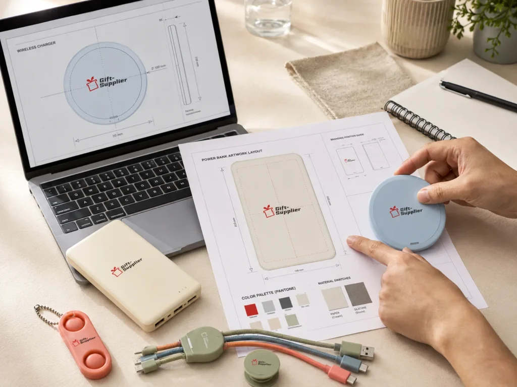 Branded mobile accessories and promotional products reviewed with artwork and color references.