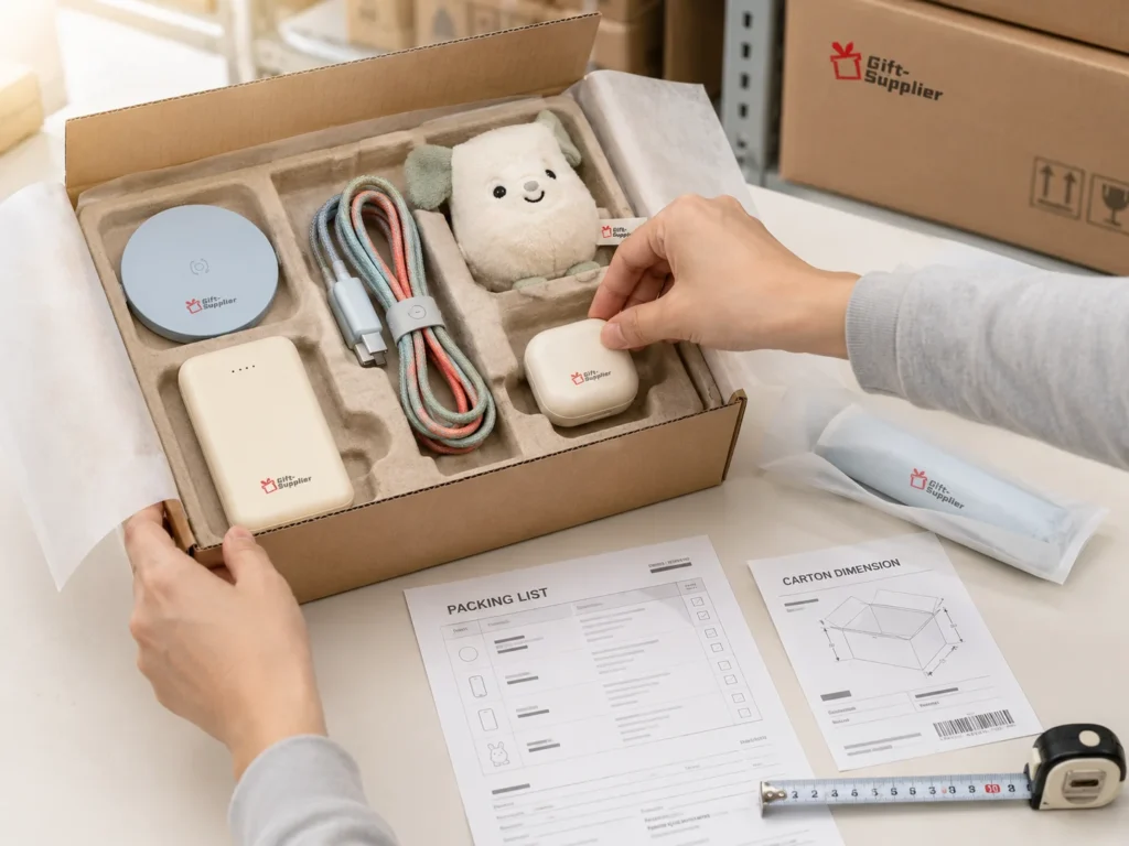 Promotional products packed for international delivery planning.