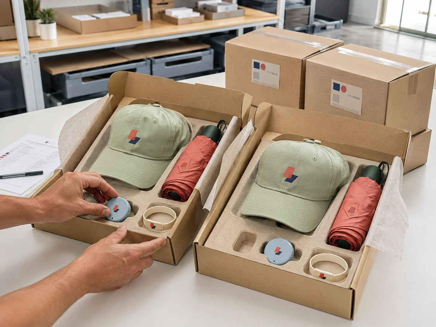 Promotional products packed and prepared for delivery.