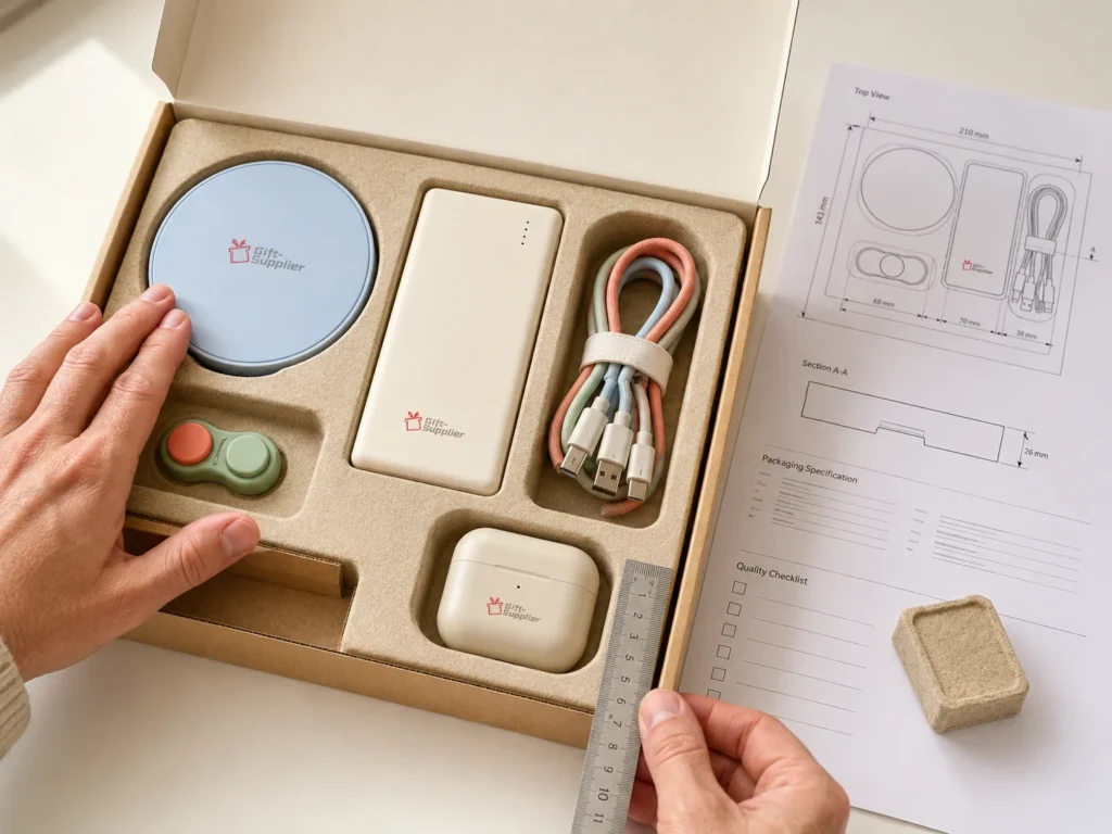 Promotional electronics and gift products arranged with presentation packaging and quality-review materials.