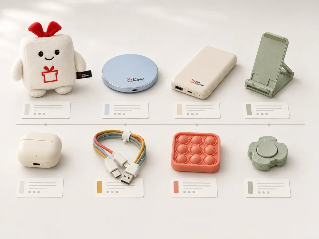 Promotional electronics, plush and fidget products shown as product-selection options.