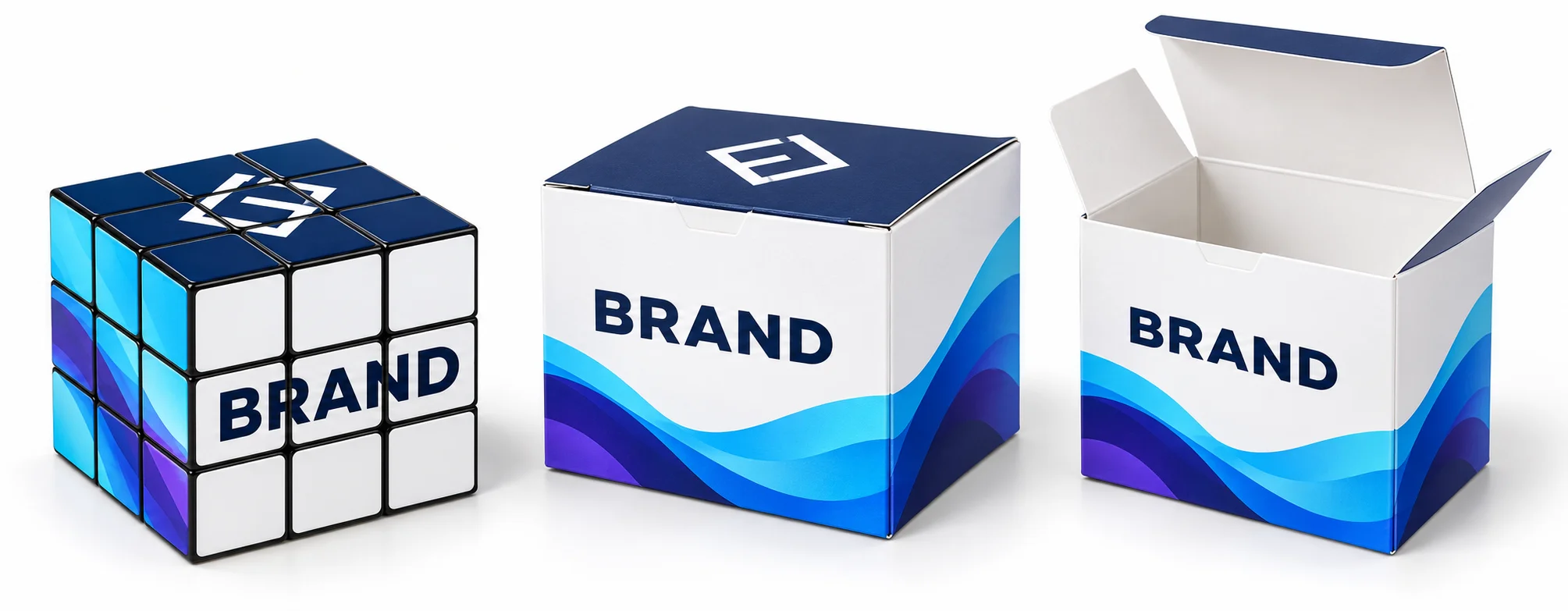 Custom promotional 3x3 rubiks cube displayed with premium custom retail presentation packaging 