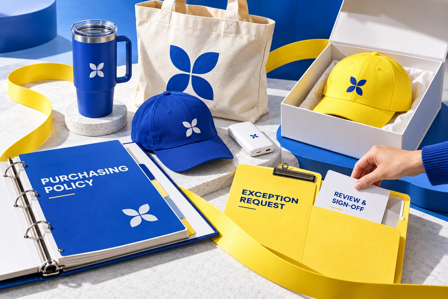 A hand pulling a Review & Sign-Off card from a yellow folder labeled Exception Request next to a Purchasing Policy binder and branded merchandise.