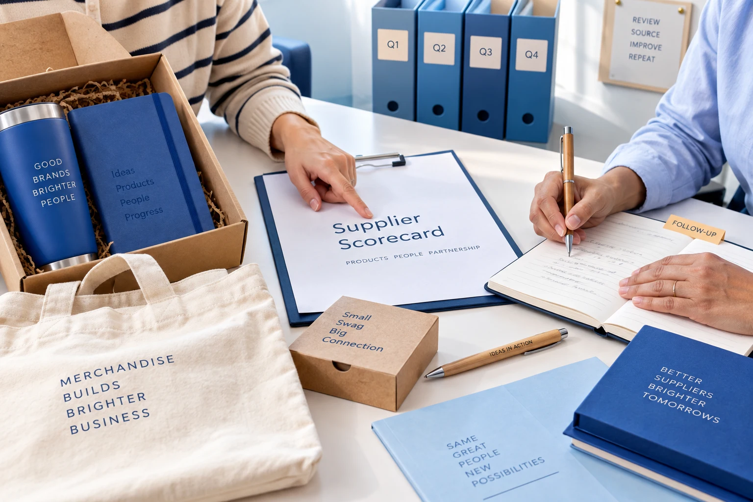 Vendor evaluation documents beside coordinated promotional merchandise samples.