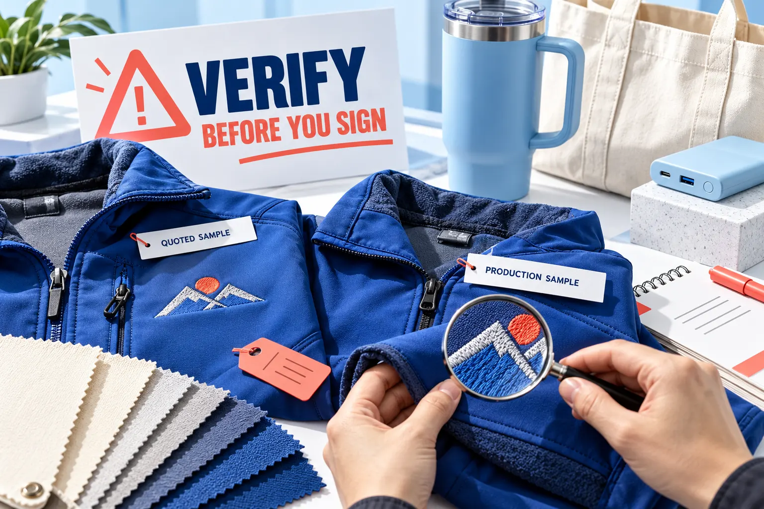 Hands inspecting the embroidered mountain logo on a blue jacket labeled Production Sample with a magnifying glass next to a Quoted Sample and a sign reading Verify Before You Sign.