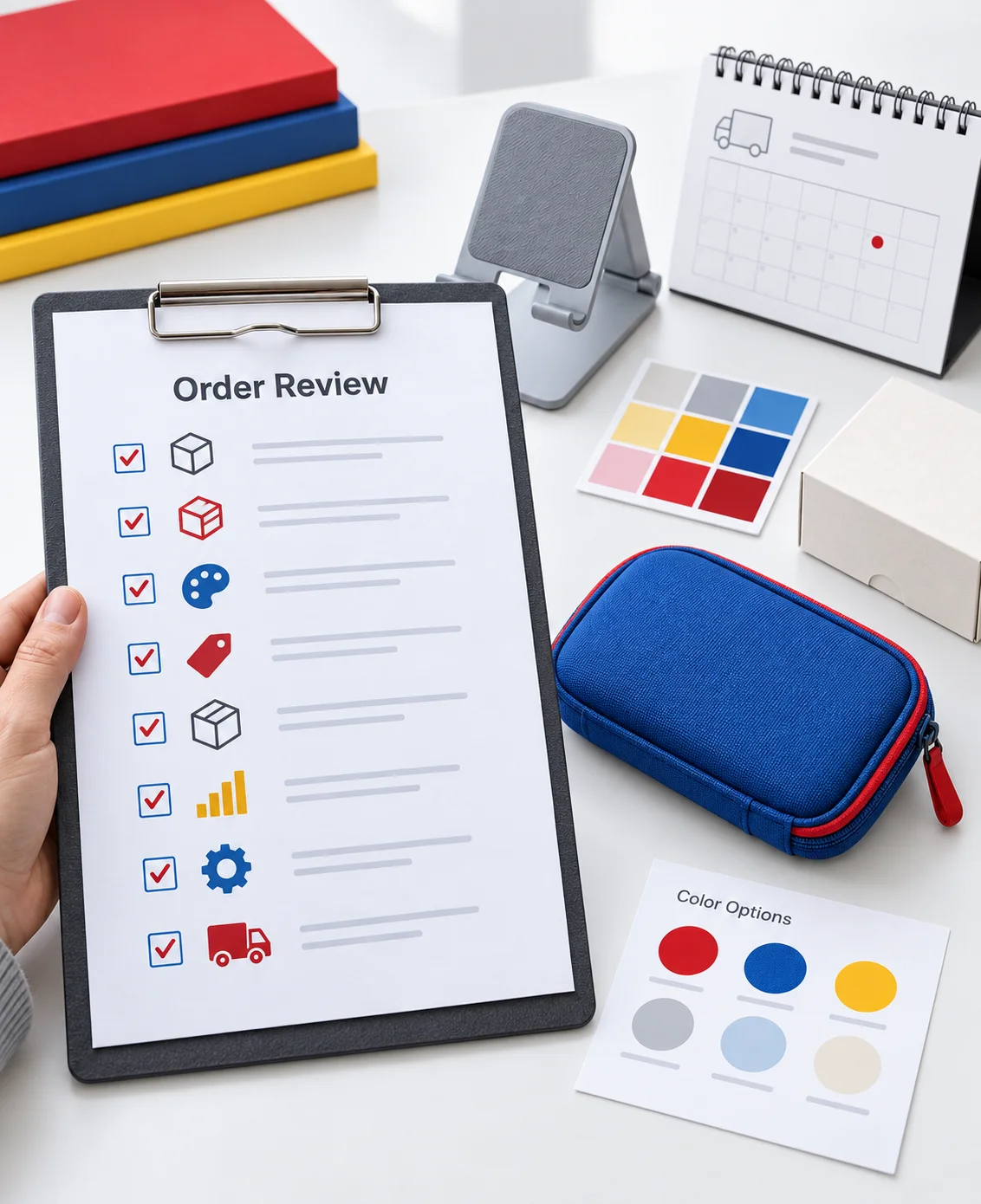 Ready-stock promotional product order checklist covering model, stock, branding, packaging, sample and delivery requirements