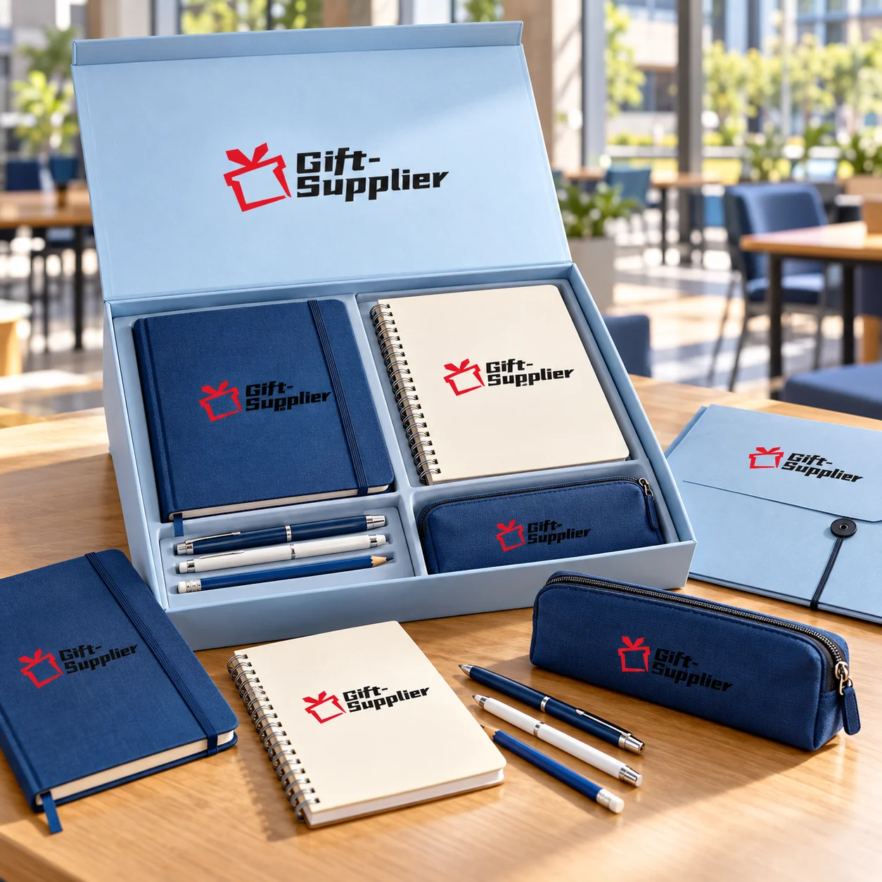 Student welcome pack with branded notebooks, pens, folder and pencil case