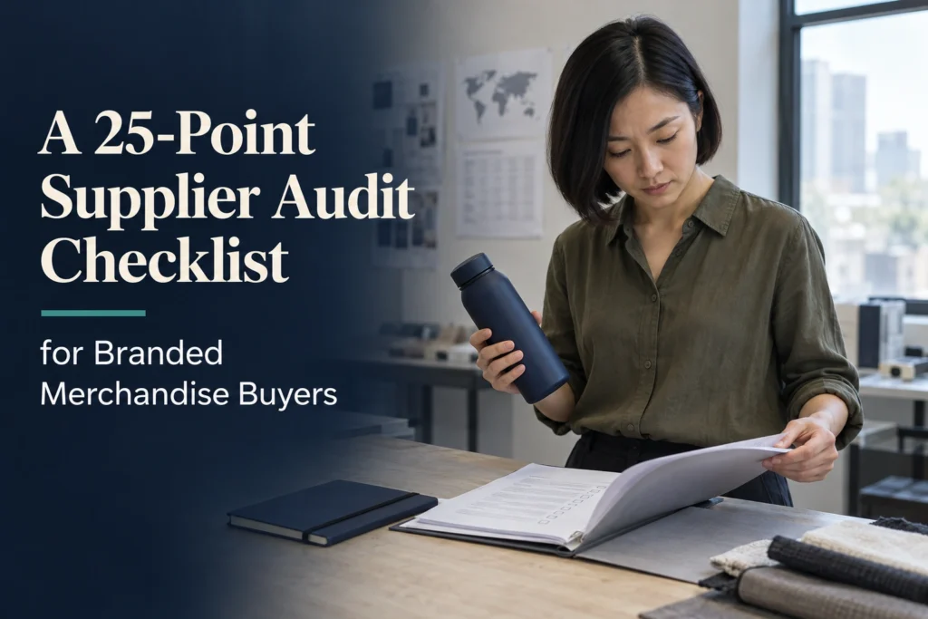 A 25-Point Supplier Audit Checklist for Branded Merchandise Buyers” beside a procurement manager reviewing samples