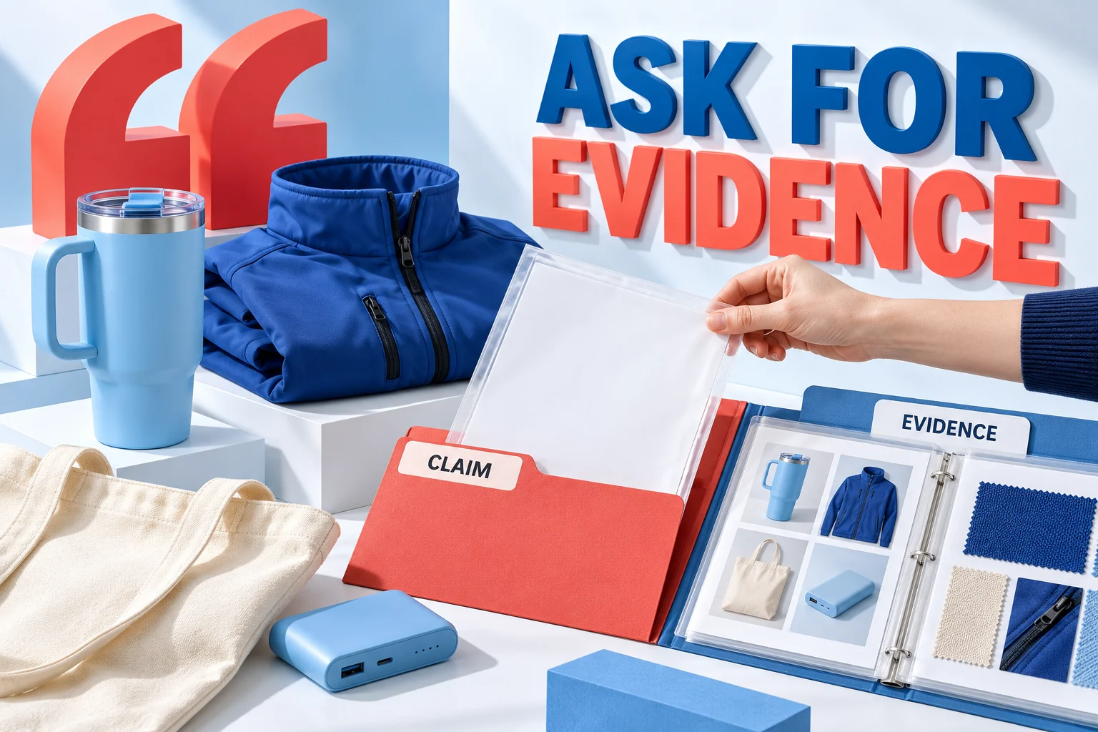 A hand pulling a document from a red folder marked Claim next to an open binder labeled Evidence filled with product photos and fabric swatches beneath wall text reading Ask For Evidence.