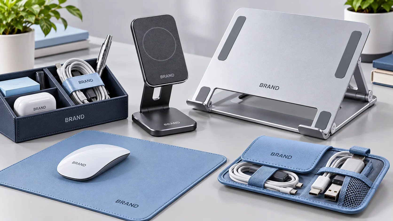Branded desk and workspace accessories for technology employees
