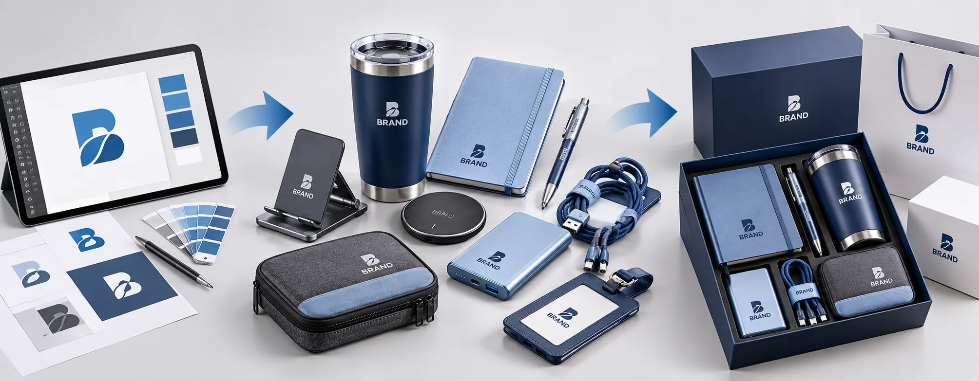 Technology company promotional products shown from artwork planning to branded products and packaging