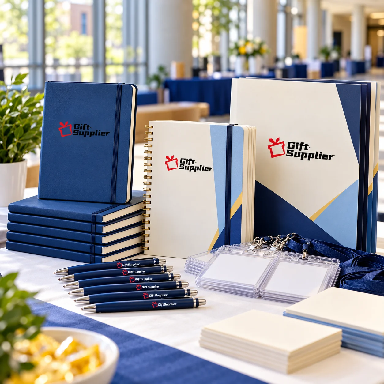 Branded notebooks, planners, pens and folders for a university event