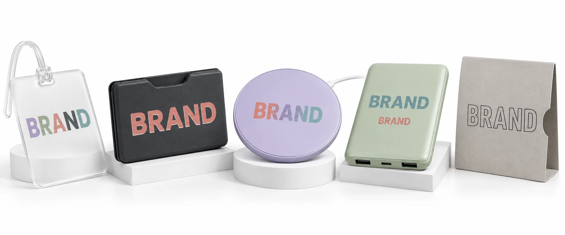 Full-color UV printing capabilities shown with BRAND artwork on promotional products