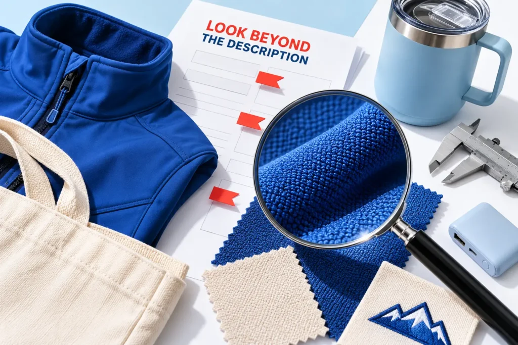 A magnifying glass enlarging the textured weave of a blue fabric swatch next to a document reading "LOOK BEYOND THE DESCRIPTION" and a precision vernier caliper.