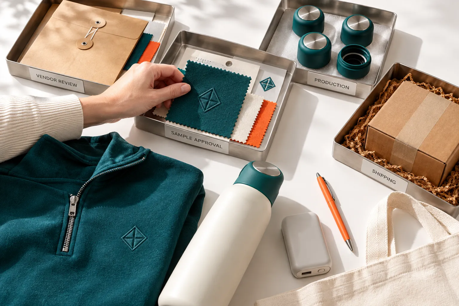 Flat-lay overhead view of four metal trays labeled Vendor Review, Sample Approval, Production, and Shipping with fabric swatches and branded gear.