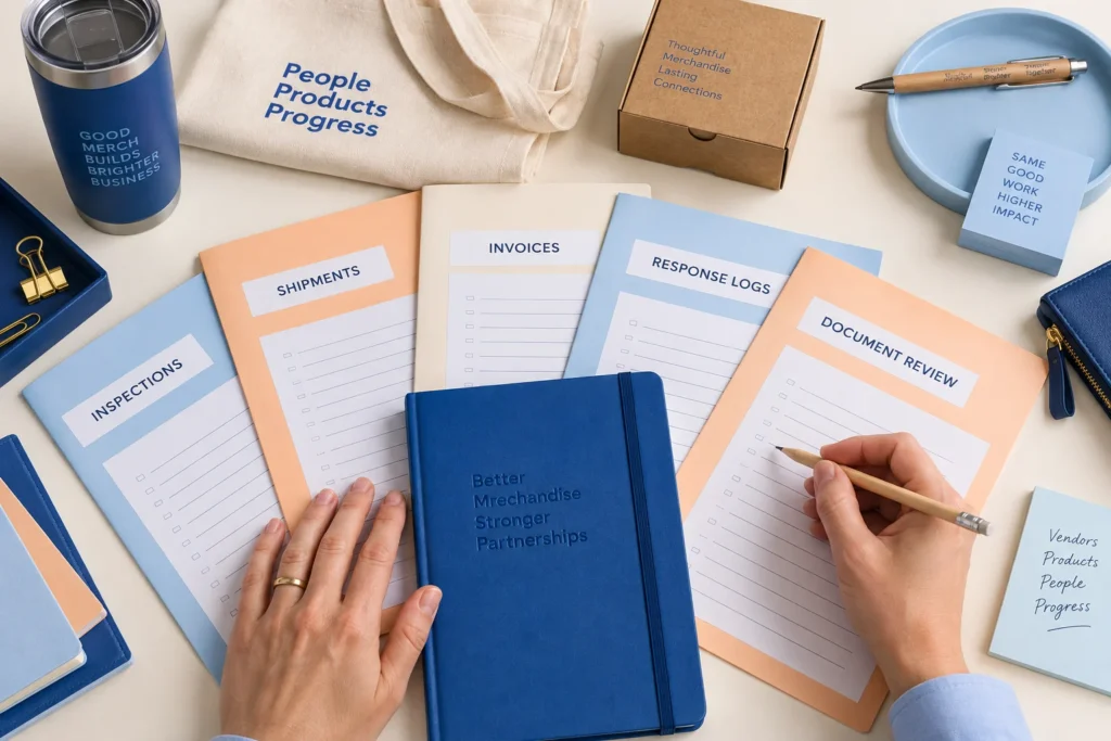 Seven-step workflow for building and using a promotional products vendor scorecard.