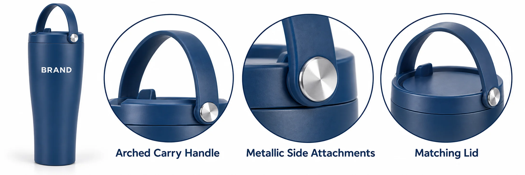 Navy tumbler shown from two angles beside its capacity and visible feature labels