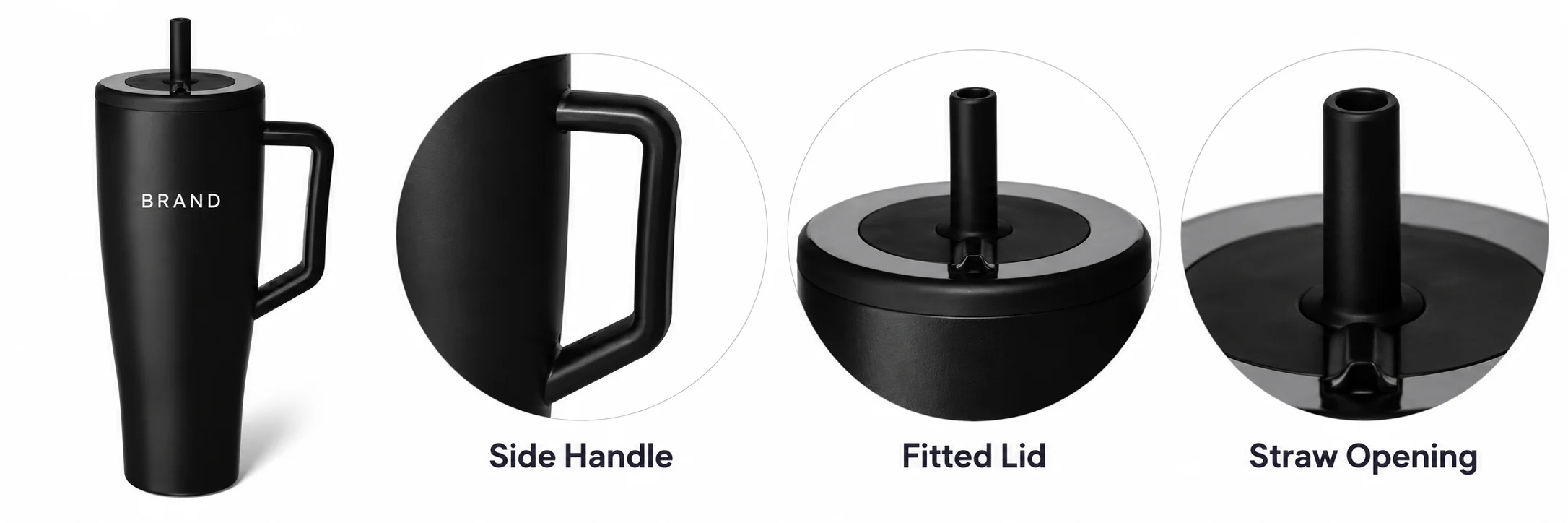 Black tumbler beside close-ups of its side handle, fitted lid and straw opening.