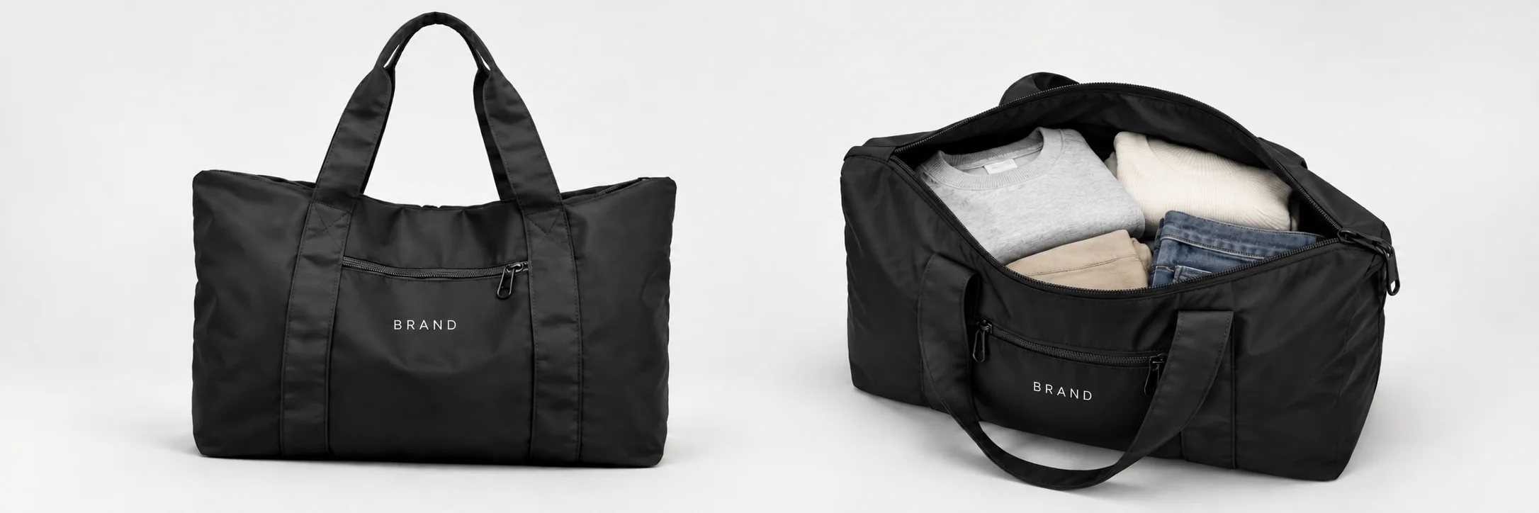 Closed and open black nylon duffel views showing the exterior pocket and clothing in the main compartment.